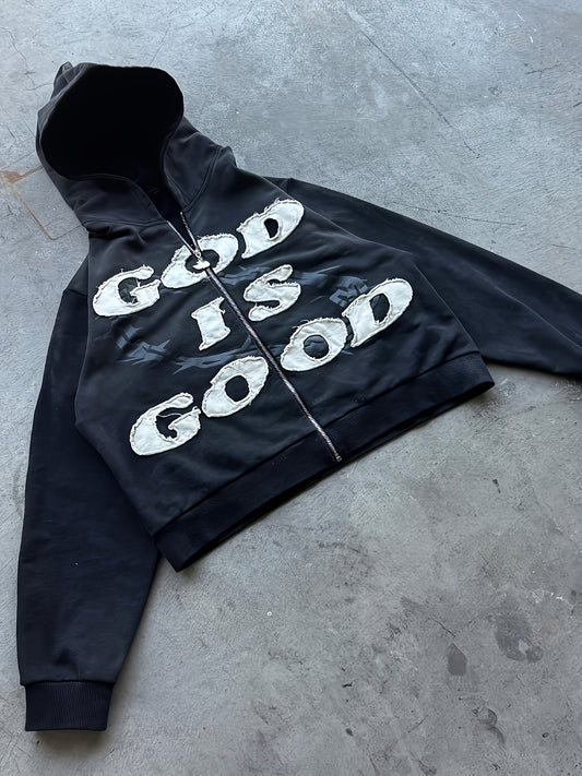 [Faith Graphic Hoodie] Vintage Black Distressed "GOD IS GOOD" Zip Up Unisex Hoodie