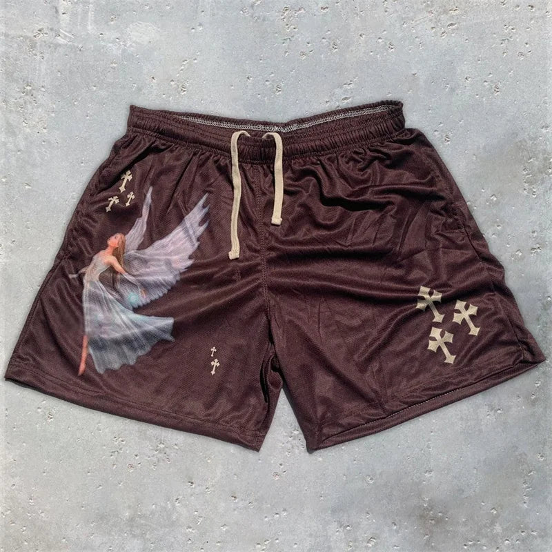 Christian Angel Cross Print Gym Shorts for Men